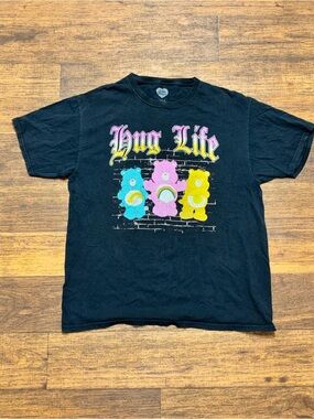 Care Bears 'Hug Life' Graphic Tee - Black with Blue, Pink & Yellow Bears